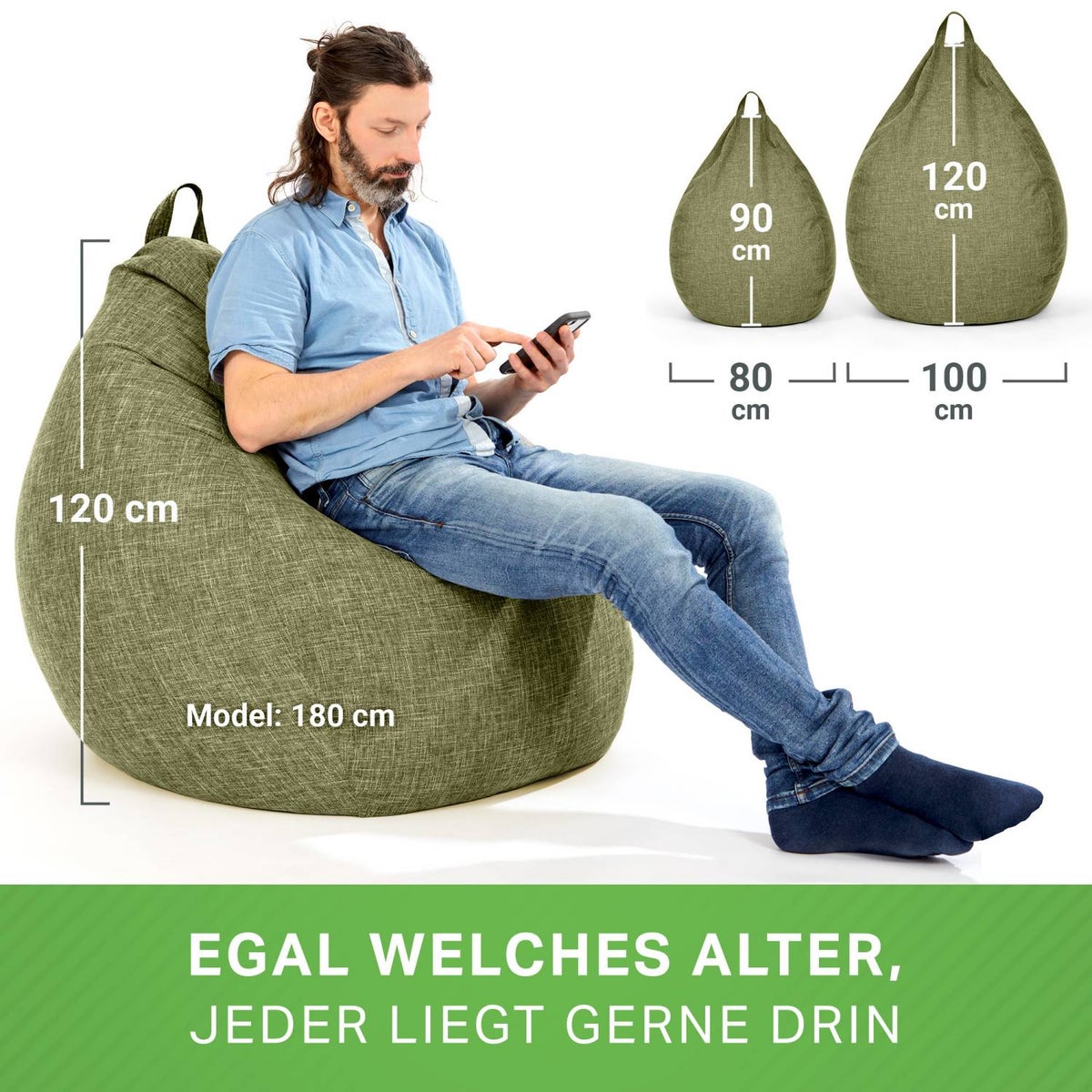 Green Bean Indoor XXL Zitzak met 300 liter EPS-korrelvulling - Knuffelzacht en wasbaar - Binnenkussen van stof voor op de vloer, ligstoel en zitkussen - Groen