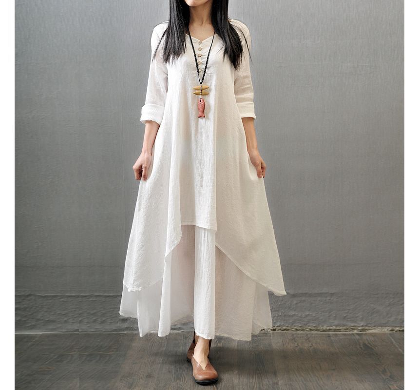 INEN - Lange mouwen Henley Effen Maxi Tuniekjurk