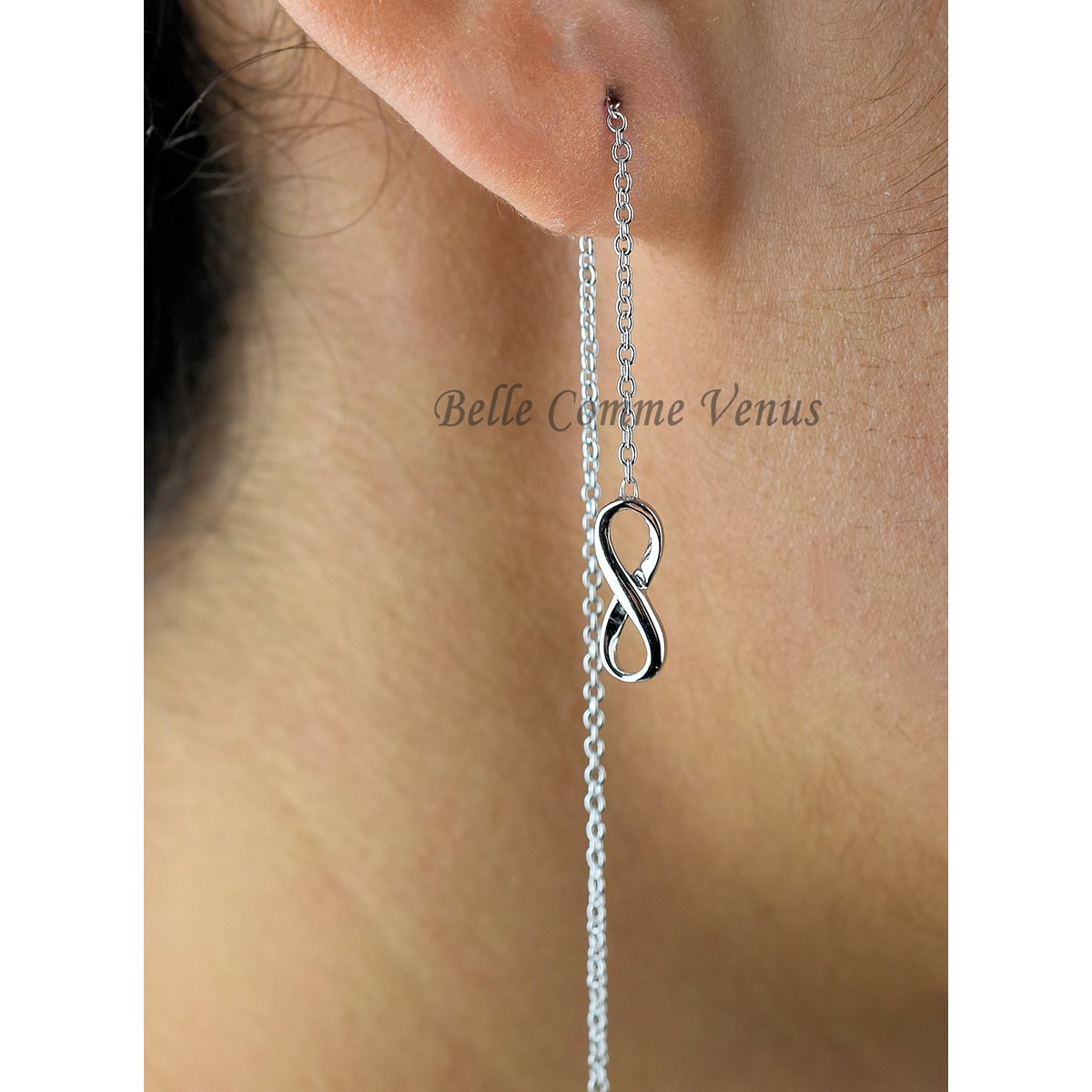 Boucles d'oreilles infini traversantes chaînes pendantes Argent 925 Rhodié