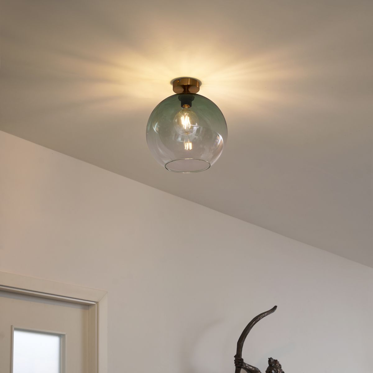 Art Deco plafondlamp messing met groen glas - Sandra