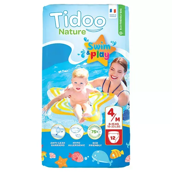 Calcinhas descartáveis Tidoo Nature Swim & Play, tamanho 4, pacote com 12 unidades.