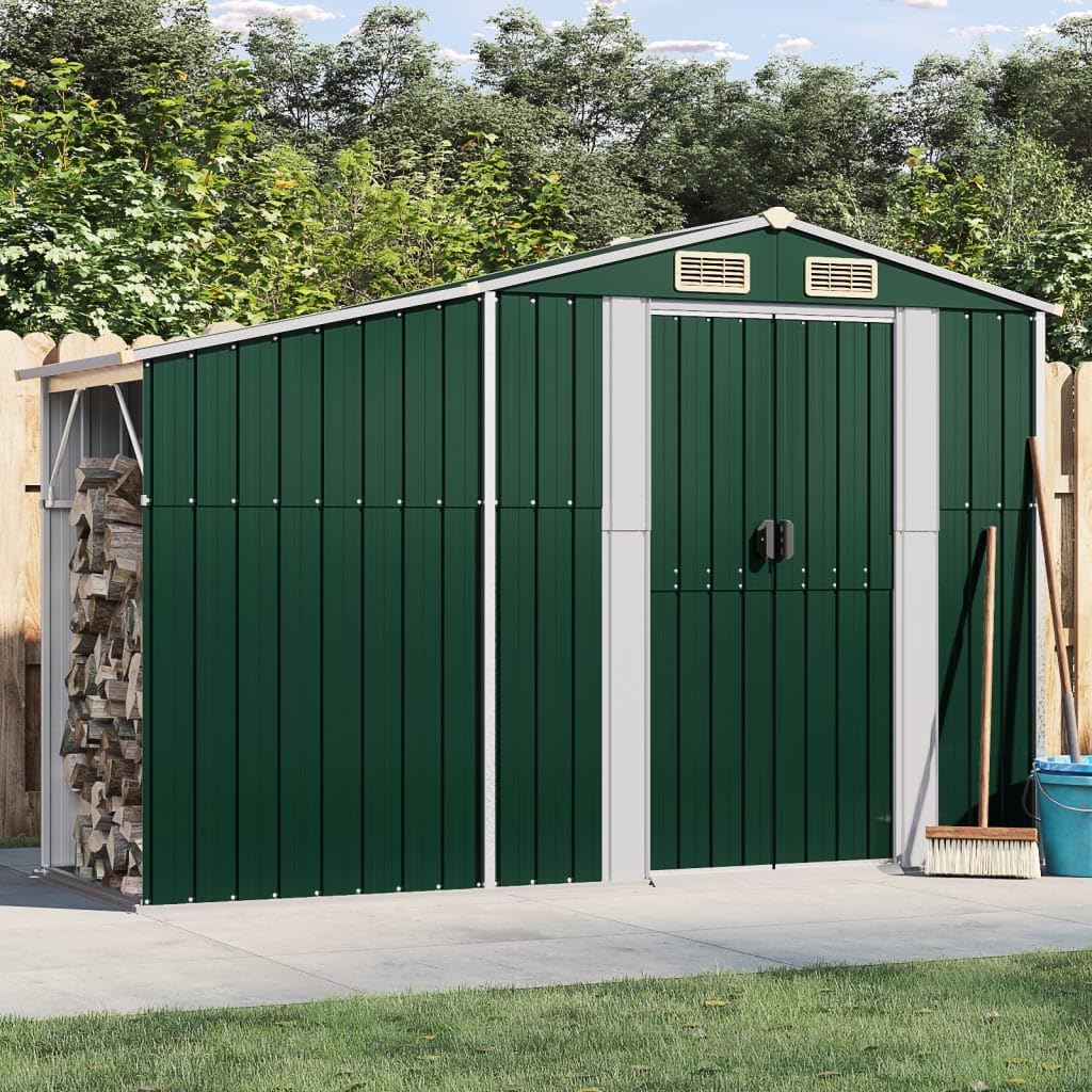 SECOLI Gerätehaus Metall mit bodenplatte Gerätehaus Metall pultdach Gartenhaus Metall XXL Geräteschuppen Outdoor Geräteschrank Gartenschrank Verzinkter Stahl-Grün-277 x 93 x 179 cm
