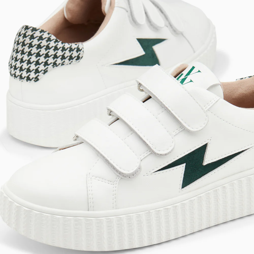 Sneakers-Baskets éclair Sansa blanc et vert pied-de-poule à scratchs