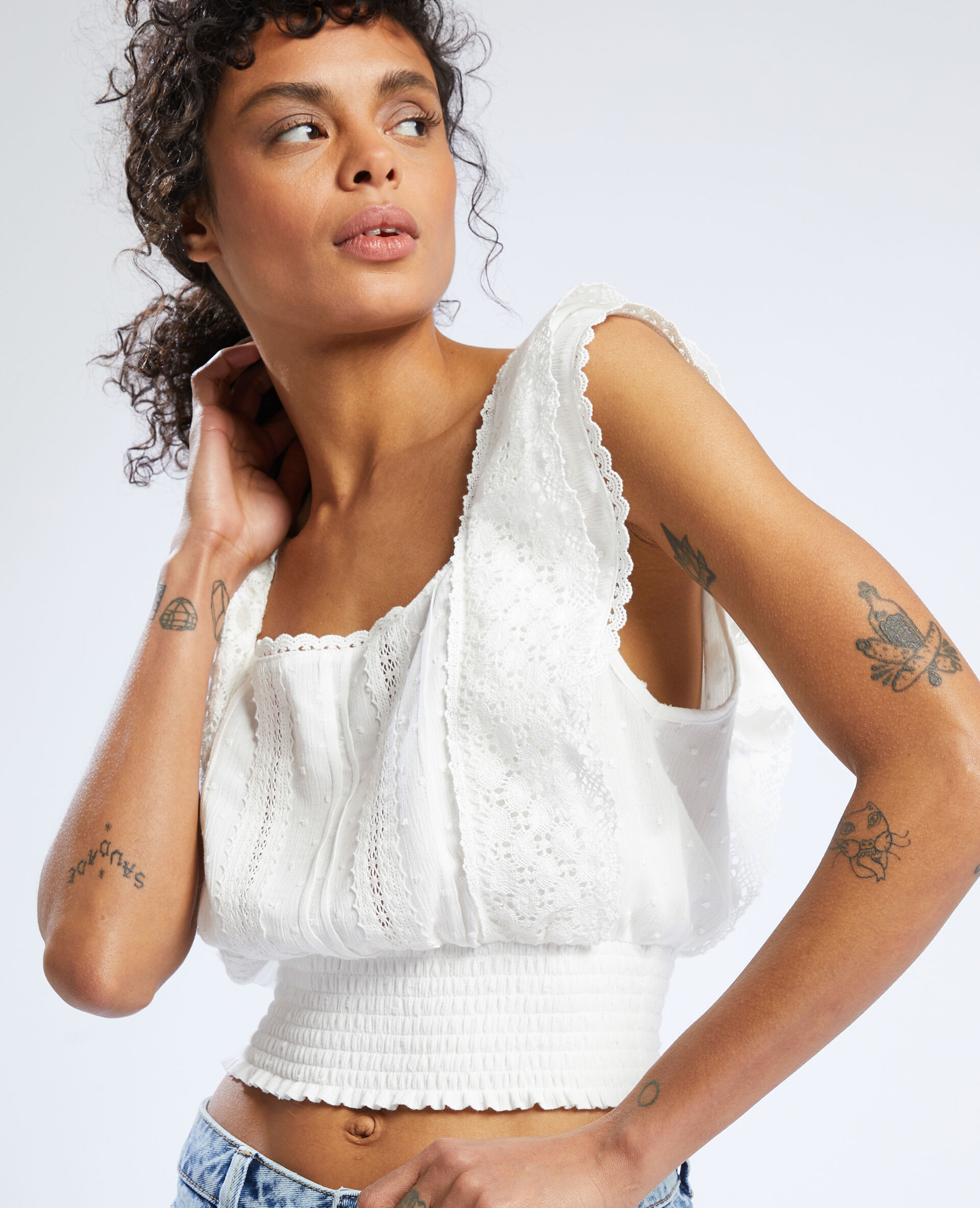 Top court dentelle et plumetis - Blanc