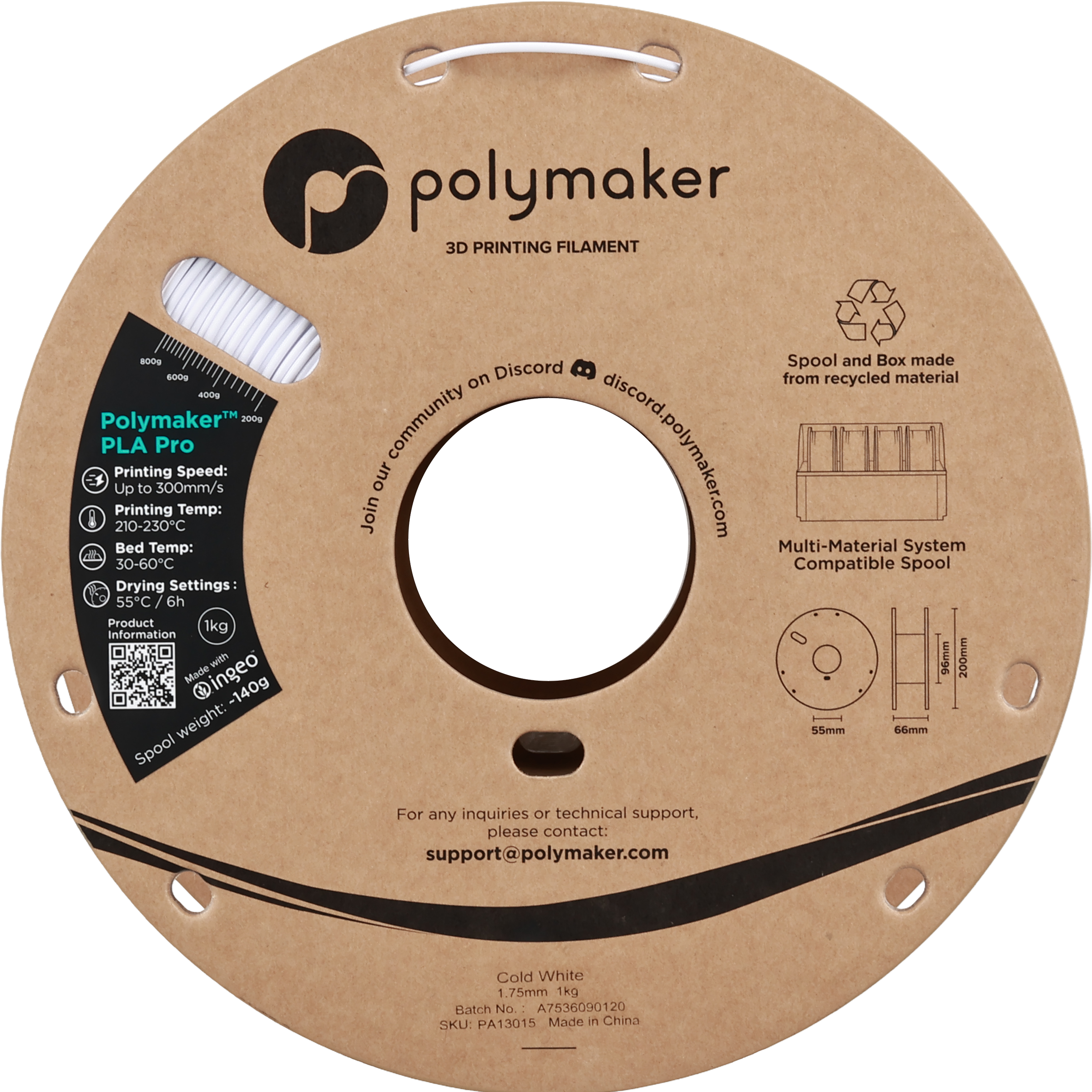Polymaker  PLA Pro Cold White, 1,75 mm / 1000 g    Neue, verbesserte Formulierung: Hochleistungs-High Speed-PLA in Cold White