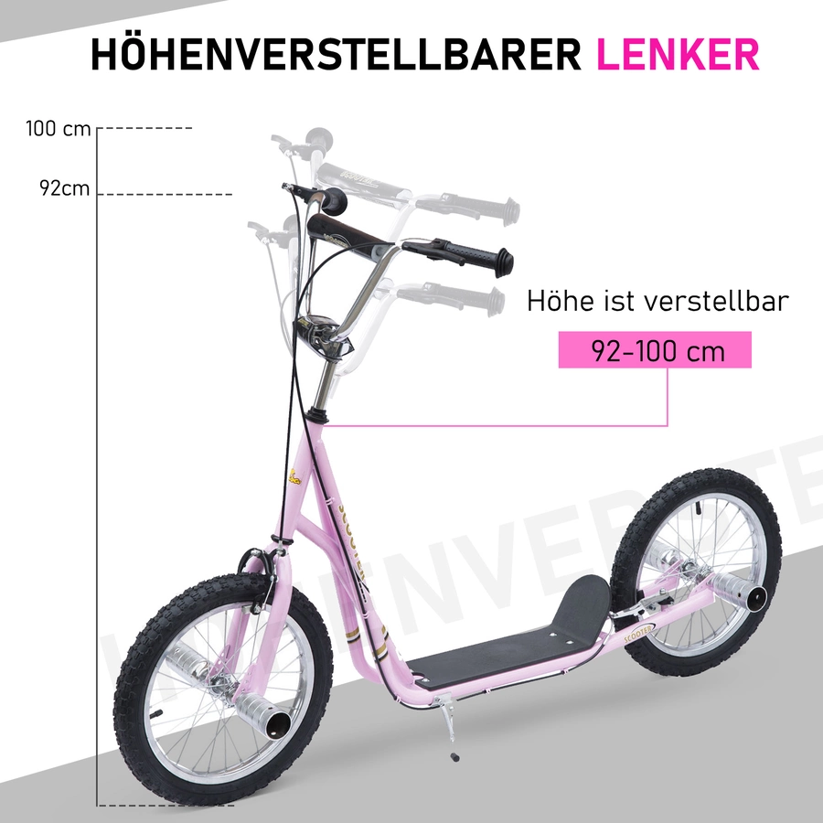 HOMCOM Kinderroller Mit Handbremse, extra dicker Luftbereifung, Höhenverstellbarer Lenker rosa