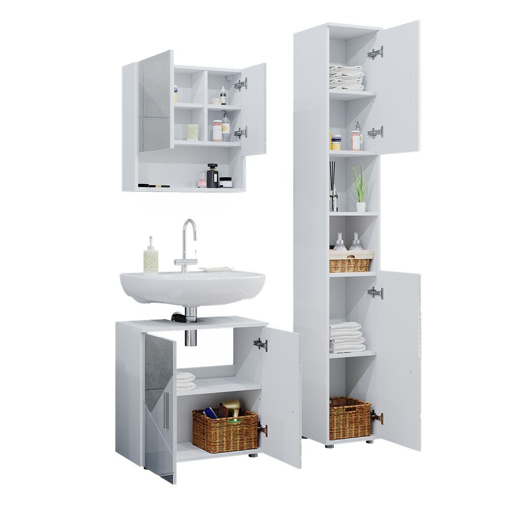 Vicco Badmöbelset mit Dekospiegeln Irma Weiß Hochglanz modern Badezimmerschrank Badschrank Badezimmermöbel Waschtischunterschrank Spiegelschrank Hochschrank Schranktür Schrankfach Schrankschublade