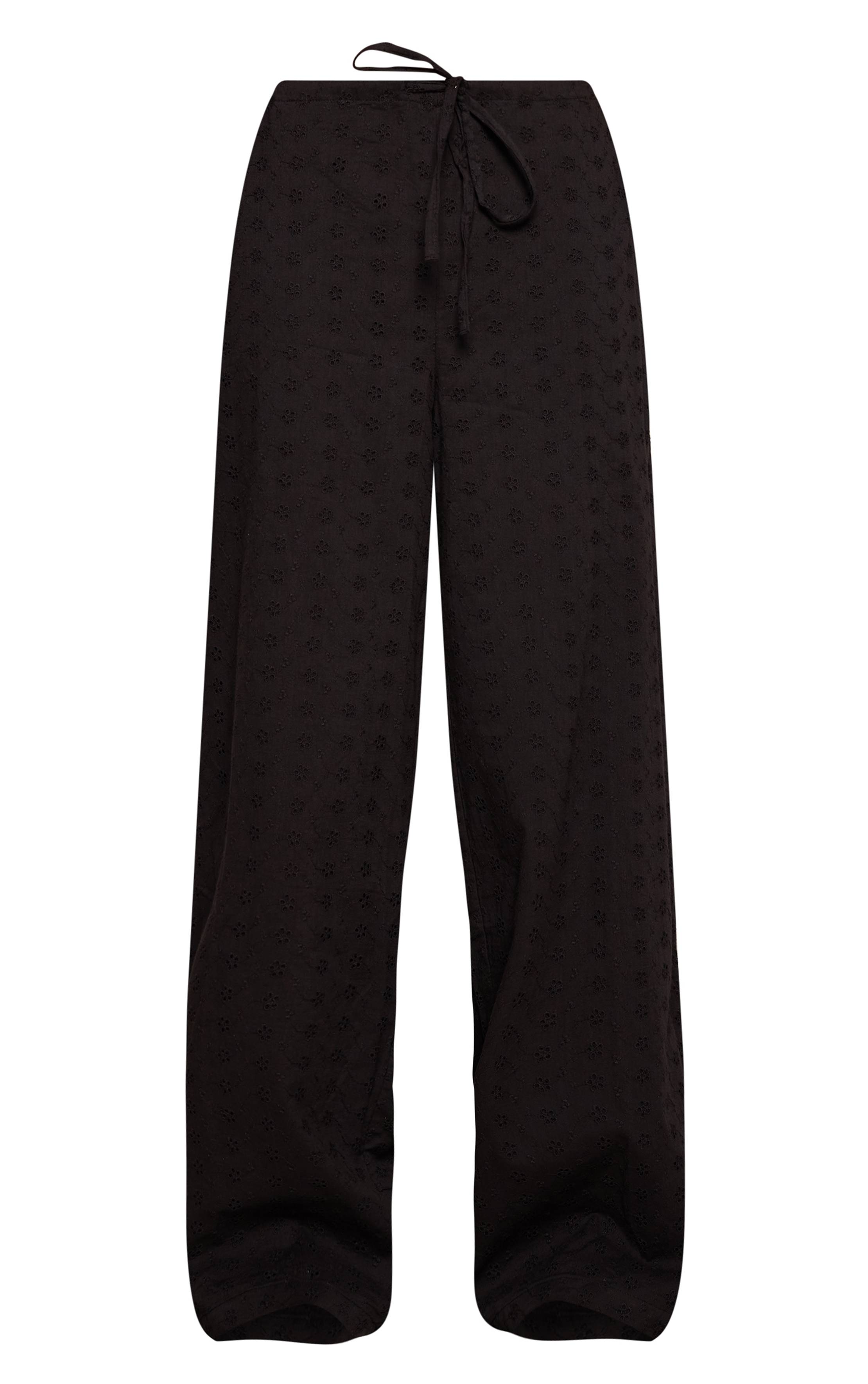 Noir Pantalon Large Taille Basse À Cordon De Serrage En Broderie Anglaise