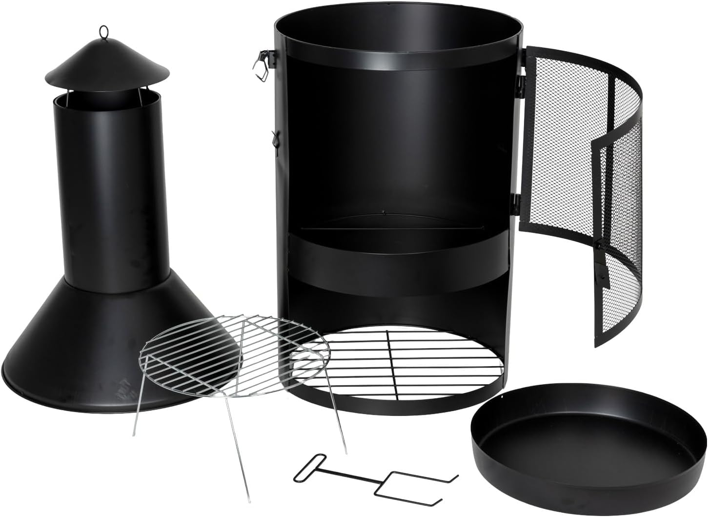 BURI Garten- und Terrassenkamin 134x45cm pulverbeschichtet Gartengrill Gartenkamin Feuerstelle Grill Grillrost Holzkohlegrill Kamin Outdoor Grillkamin Ofen Kaminofen für außen mit Gabel und Holzlager