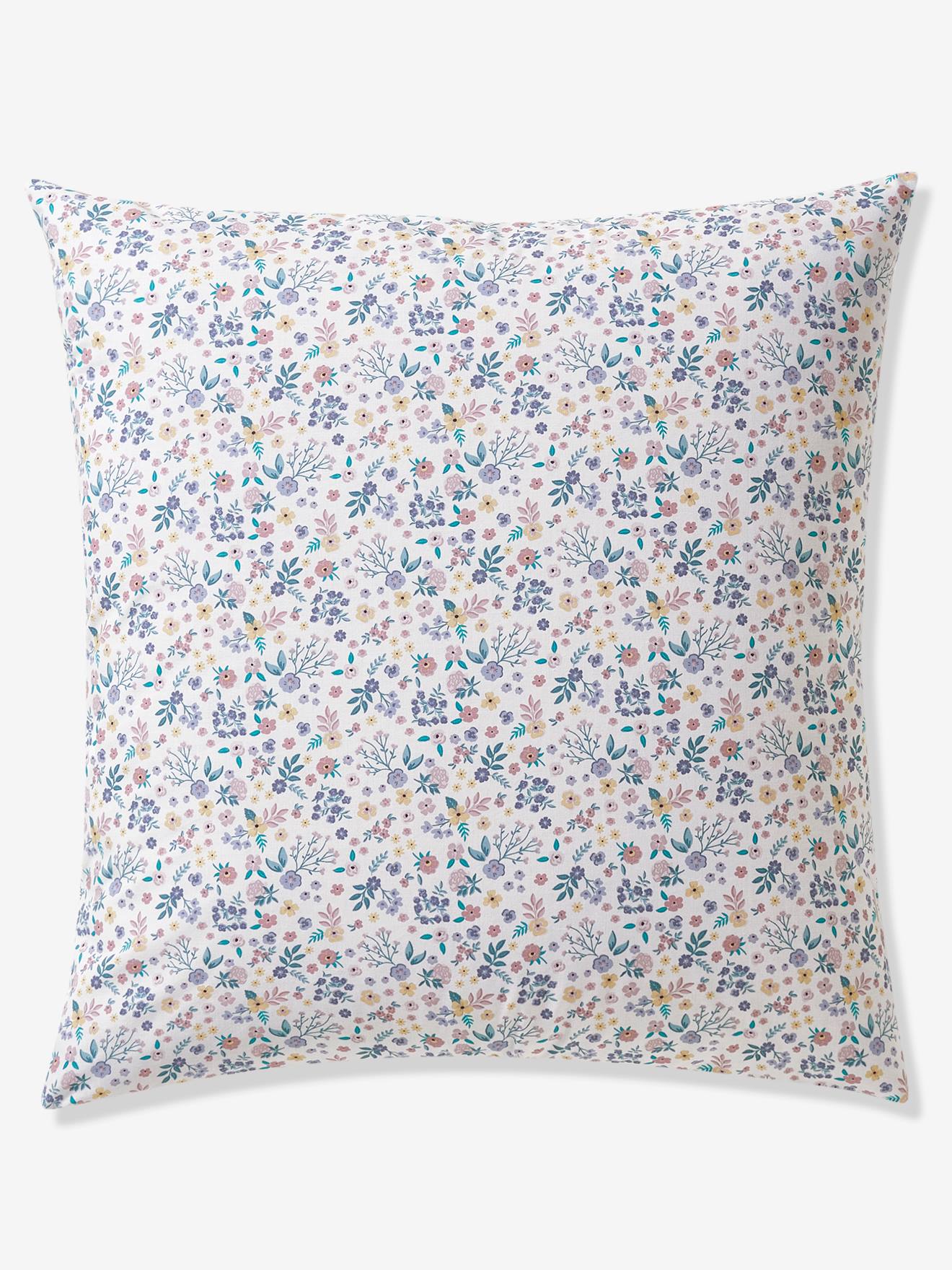 Conjunto infantil de capa de edredom e fronha, liso em branco claro e lilás com estampas.