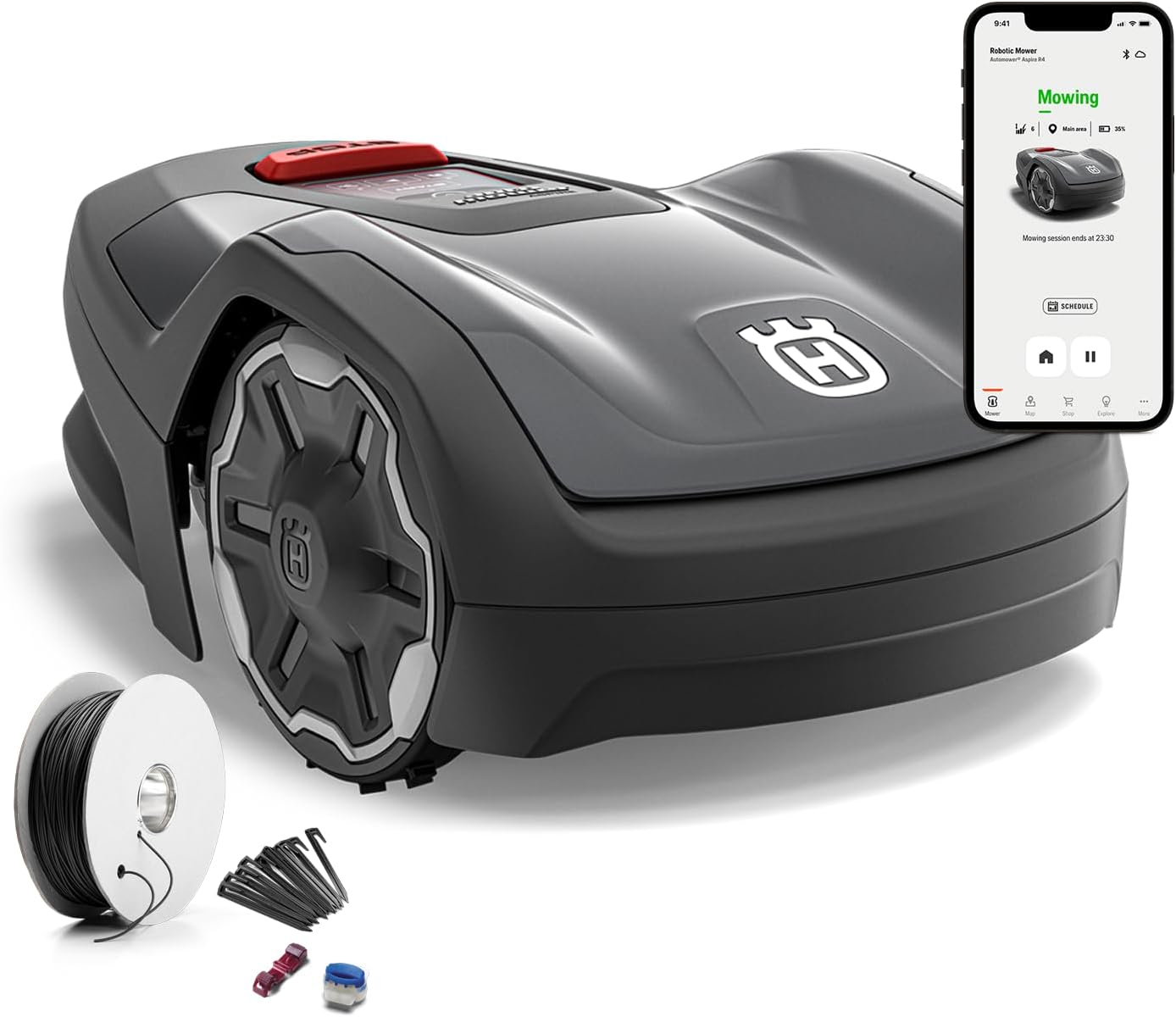 Husqvarna Mähroboter Automower Aspire R4 für 400 m² Fläche I Akku Rasenmäher Roboter, Steuerung per Connect App (inkl. Sprachsteuerung, WLAN, Bluetooth) mit Installations-Kit