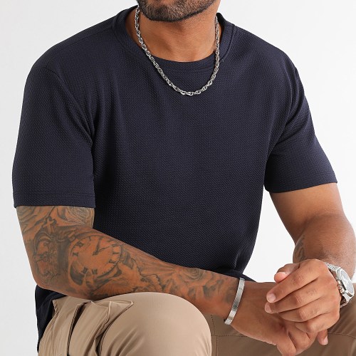 Tee Shirt Texturé Waffle 0393 Bleu Marine