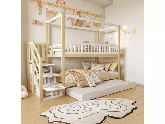 Lit superposé pour enfants 90*200 cm, garde-corps de sécurité, lit escamotable, blanc et bois massif