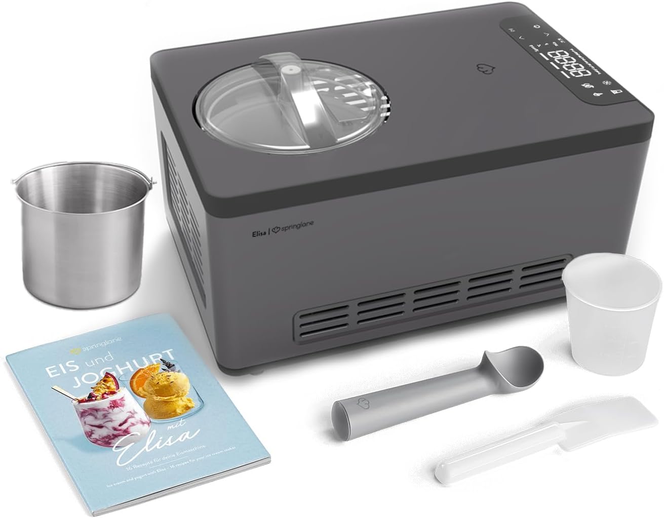 SPRINGLANE Eismaschine & Joghurtbereiter Elisa 2,0 L mit selbstkühlendem Kompressor 220 W, aus Edelstahl mit Kühl- und Heizfunktion (Elisa Anthrazit, Eismaschine + Zusatzbehälter Edelstahl)