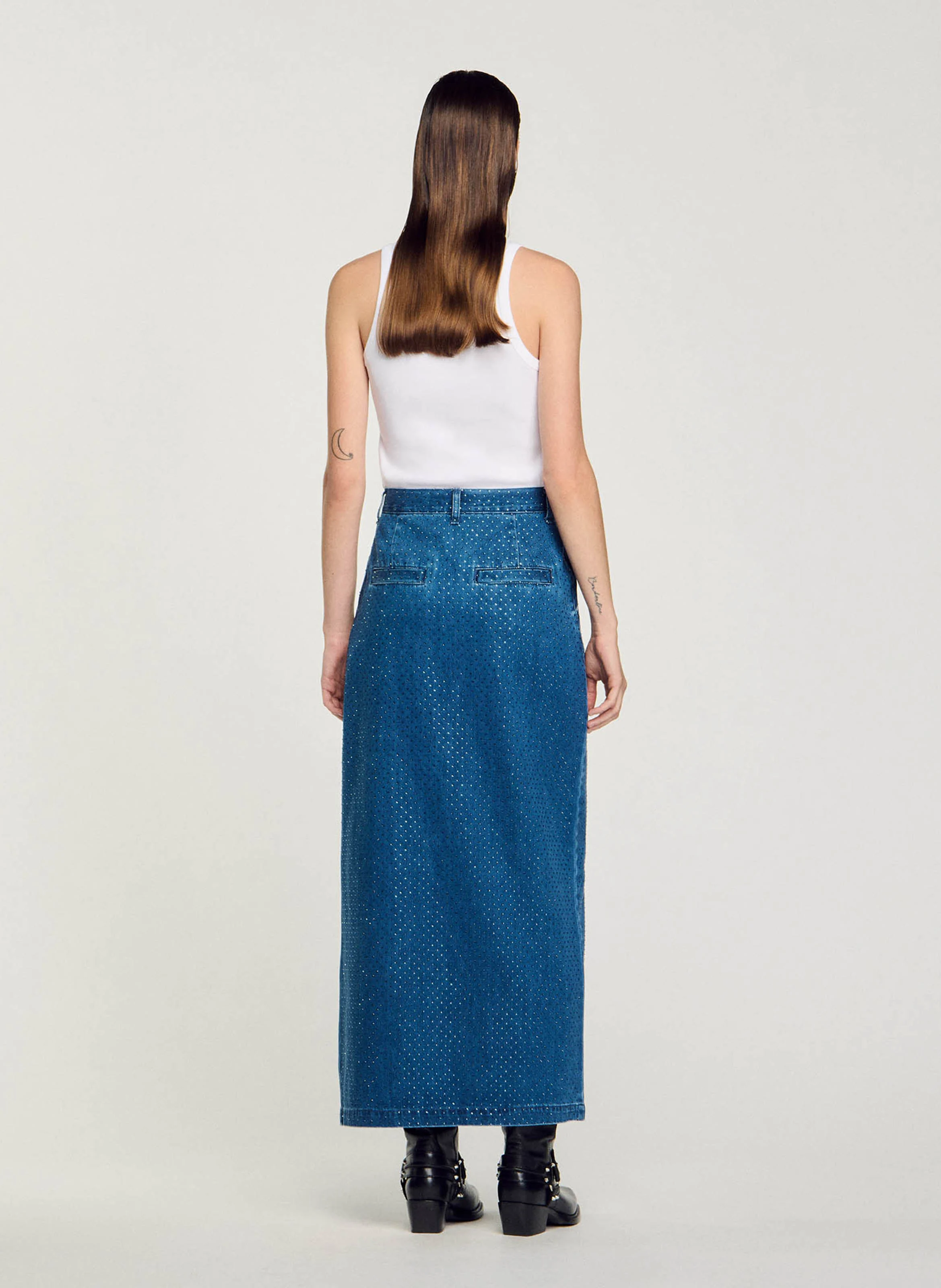 Jupe droite longue en denim strassé | Bleu