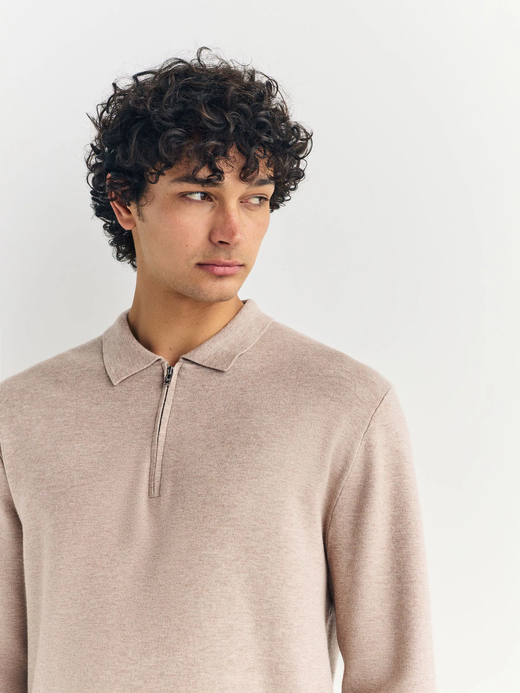 Moutkleurig - Half met rits - Regular Fit Premium Mid Weight Long Sleeve Knit Polo Shirt
