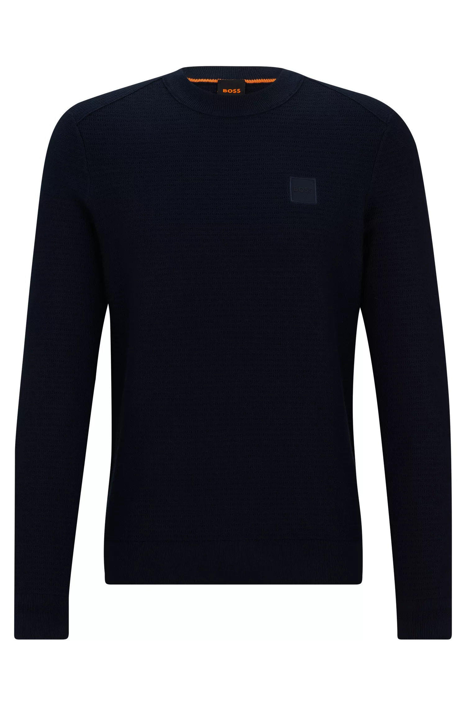Suéter BOSS laranja de algodão e cashmere, corte regular, com etiqueta com o logotipo.