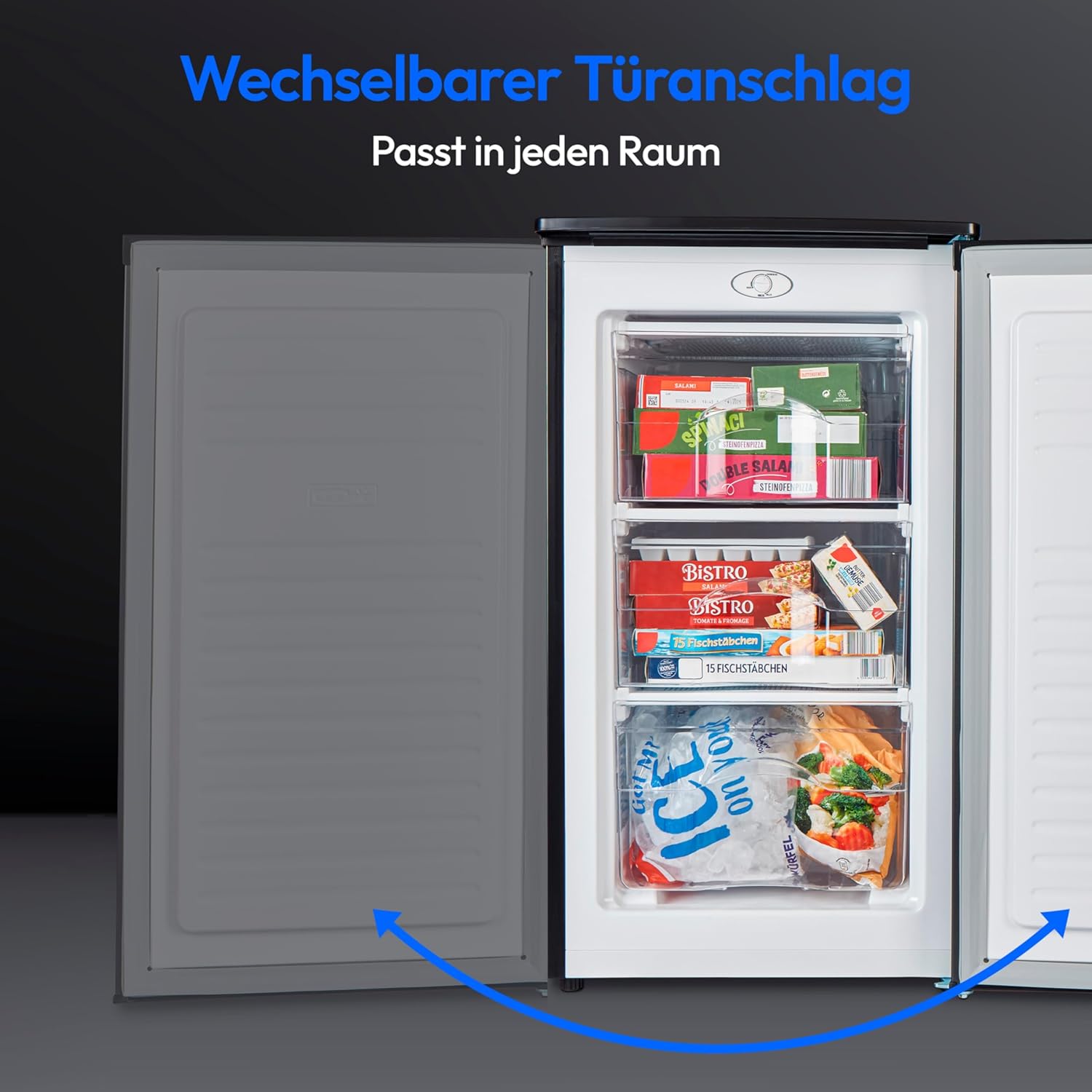 MEDION Gefrierschrank (64 Liter, 85cm hoch, 3 transparente Schubladen, Türanschlag wechselbar, MD37688) grau