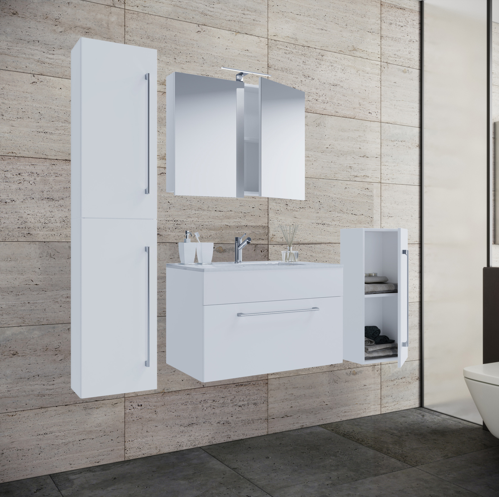 5-tlg. Bademöbel-Set BADINOS - weiß - 80 cm - mit Spiegelschrank