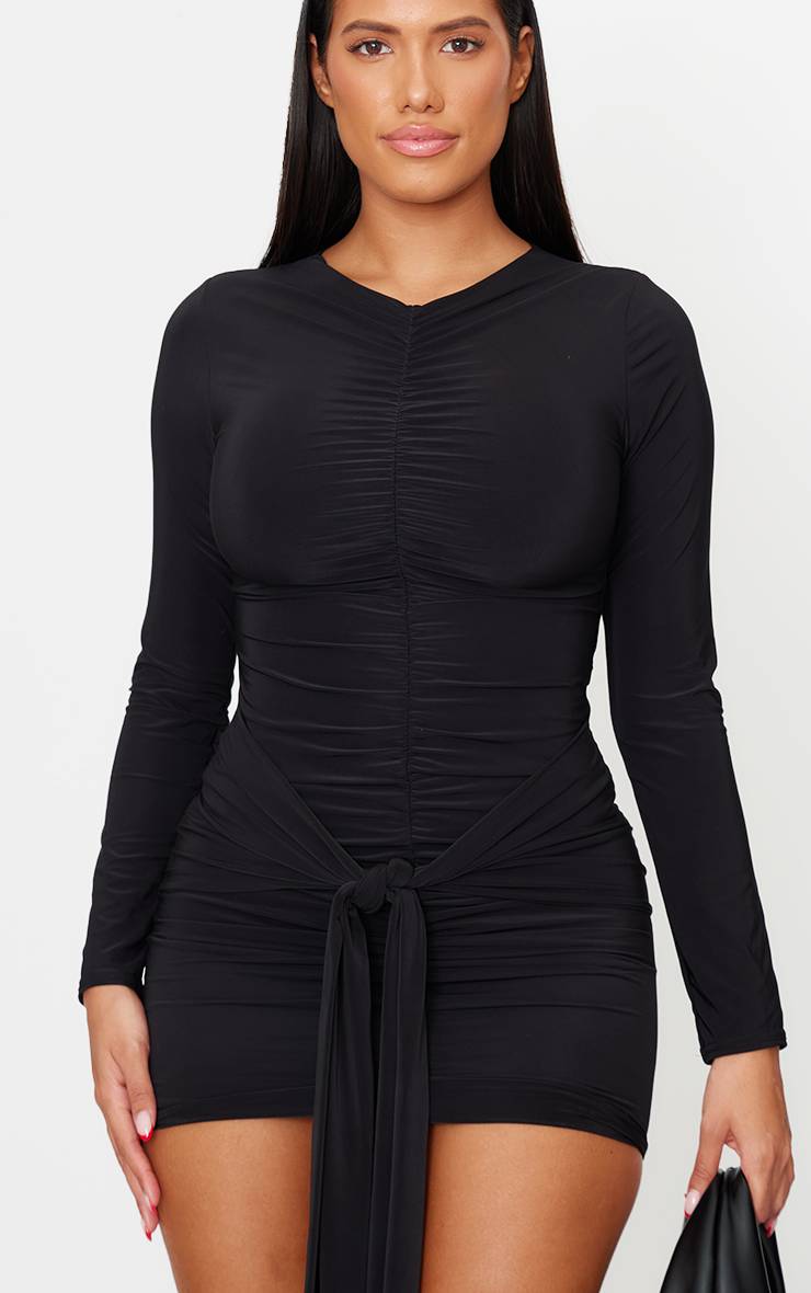 Noir Robe Mini Moulante Froncée À Encolure Cache-cœur Avec Lien À Nouer