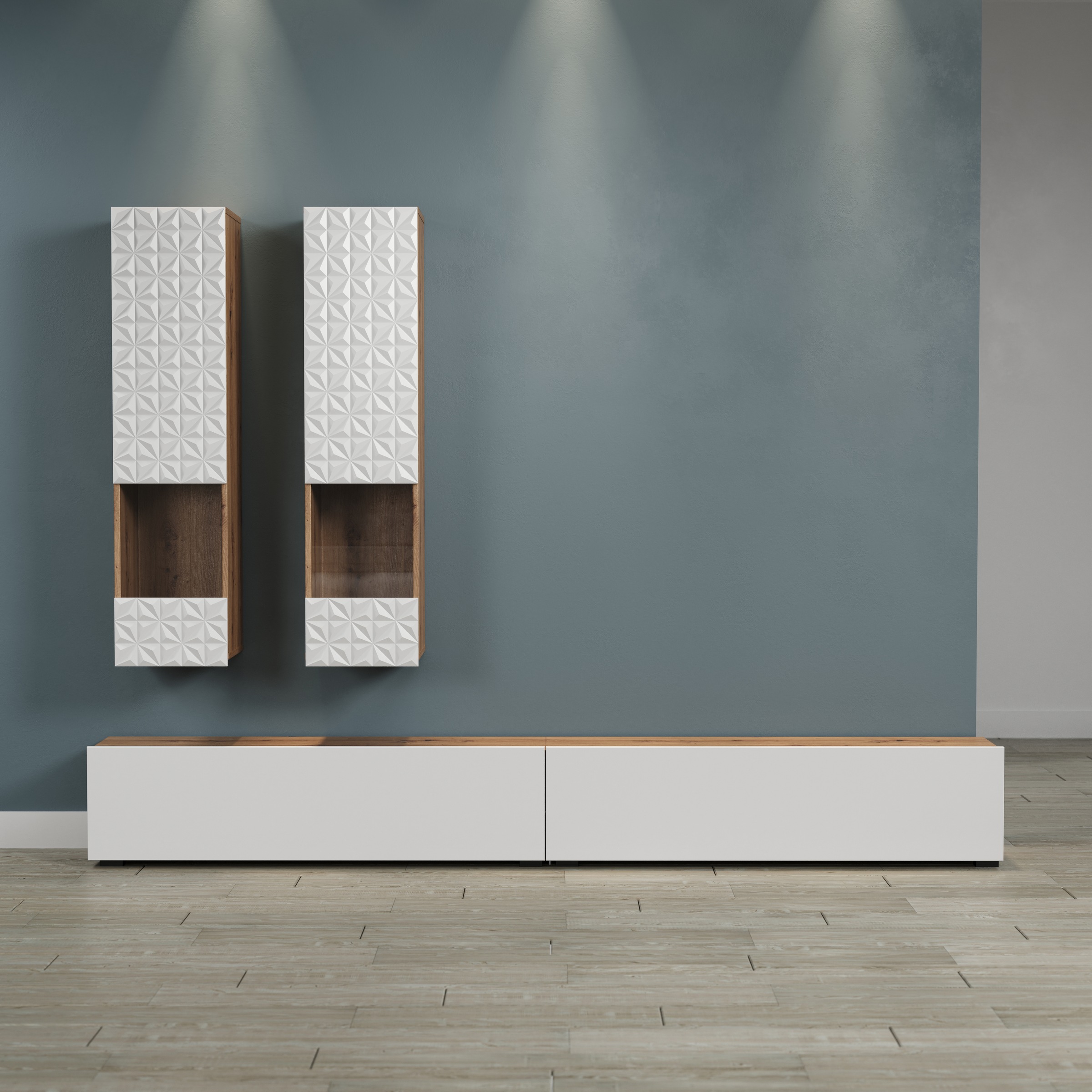 INOSIGN Wohnwand »Rezzo, 2 Hängevitrinen mit Relief-Front, 2 Lowboards je Br. 120 cm« Komplett-Set, 4 Stk. tlg.