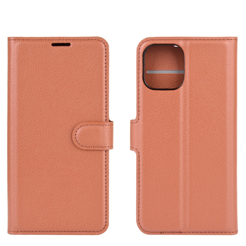 iPhone 12 / iPhone 12 Pro Leder Tasche Flip Cover Litchi Look - Braun