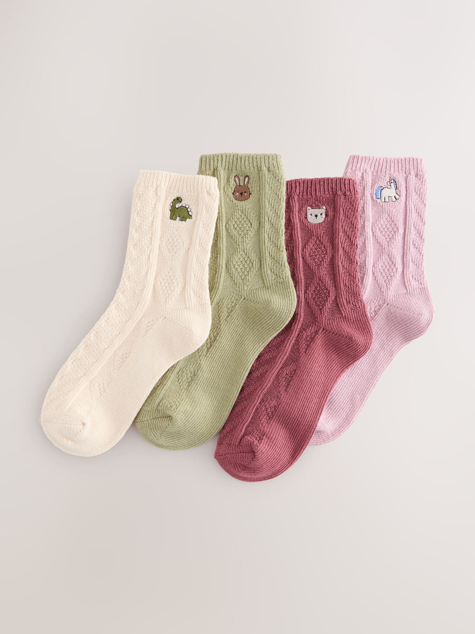 Pink, Green, Oatmeal and Plum Red - Cotton Rich Cable Embroidered Ankle Socks 4 Pack