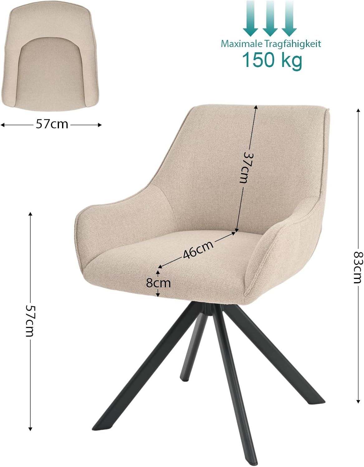 Esszimmerstühle Drehbar 2er Set mit Armlehne – 360°Drehbar Polsterstuhl Leinen Modern Drehstuhl Küchenstuhl mit Metallgestell und Rückenlehne für Esszimmer, Wohnzimmer, Büro, Beige