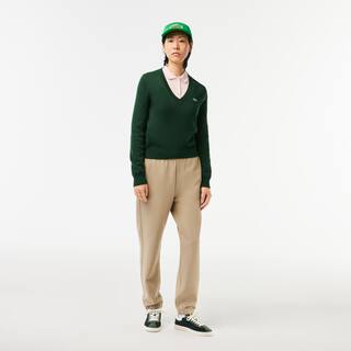 Pull col V en double face de coton Pullovers - Vert - Lacoste - Femme