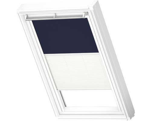 VELUX Advantage Set: Verduisterend rolgordijn, effen donkerblauw, en plisségordijn, wit, handmatig, frame wit, DFD C02 1100SWL