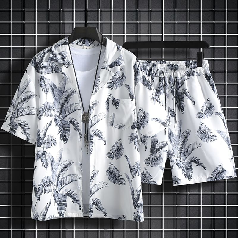 Acrius - Set: Hawaii-overhemd met korte mouwen en tropische print + korte broek met trekkoord