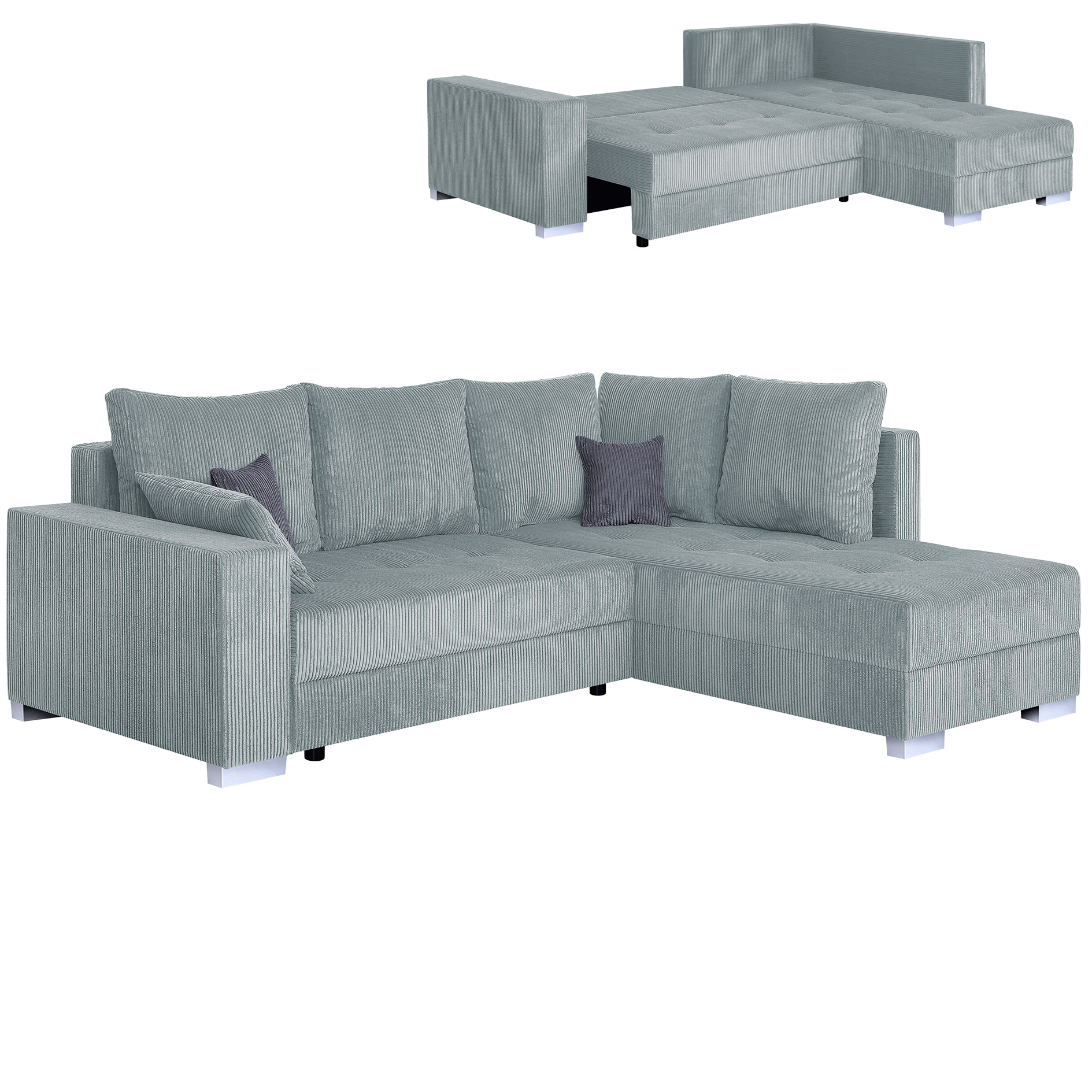 Ecksofa - sage - Cord - Liegefunktion - beidseitig montierbar