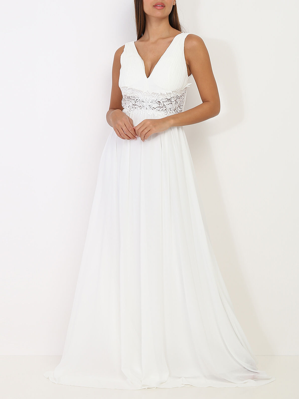 Robe longue à buste drapé et dentelle- Blanc