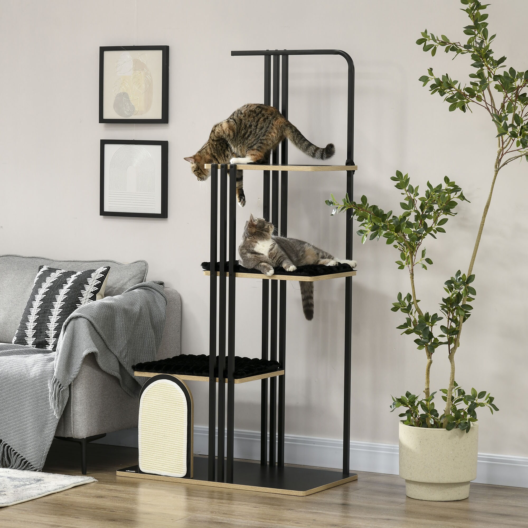 PawHut Kratzbaum mit Kissen und 4 Ebenen schwarz 85L x 48B x 170H cm