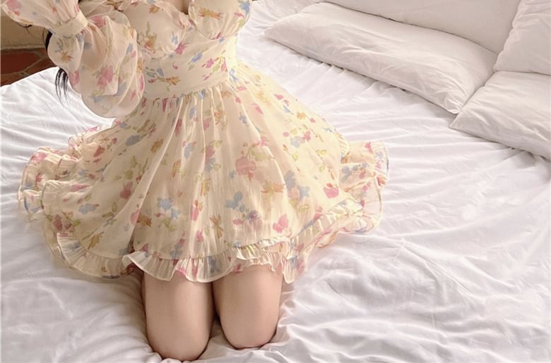 Alfie - A-lijn jurk met lange mouwen en off-shoulder bloemenprint