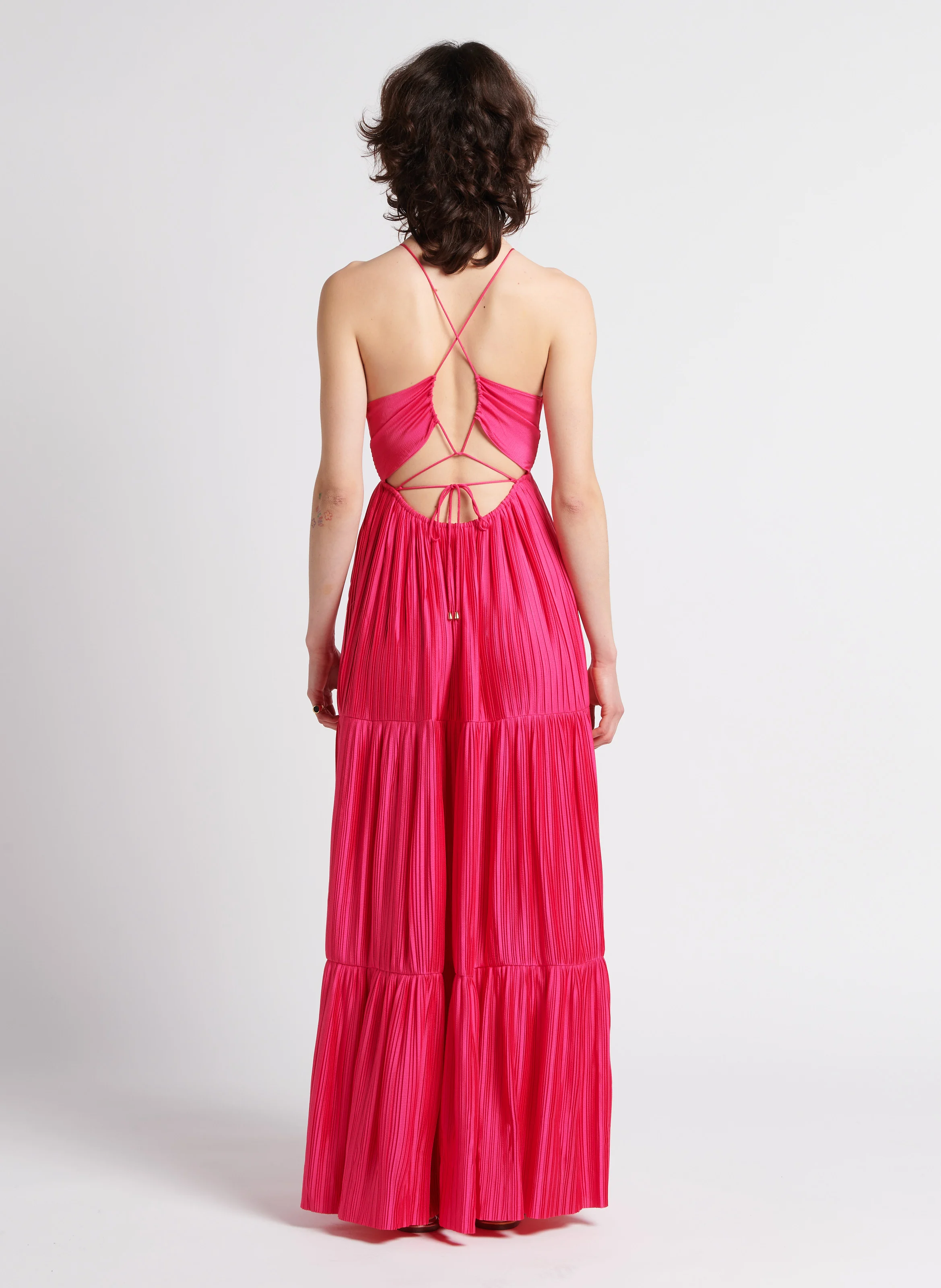 WASTA - Robe longue col V plissée | Rose