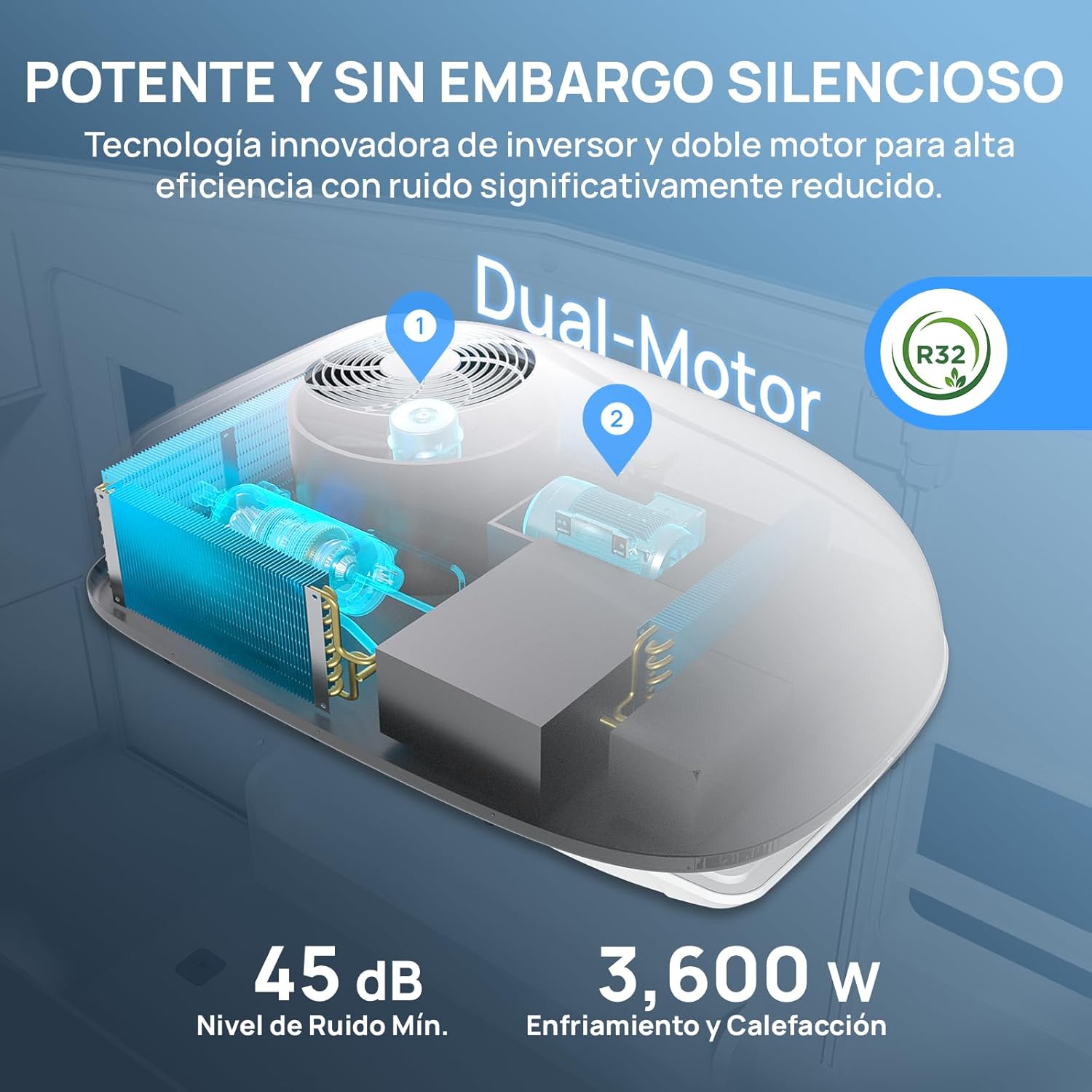 TURBRO Wechselrichter-Klimaanlage ​​für Wohnmobile​​ mit Wärmepumpe, 3,600 W Dachgerät ohne Kanäle und Deckenmontage mit Ambiente-Leuchte, leiser Betrieb, 220-240V AC, Fernbedienung & WLAN, weiß