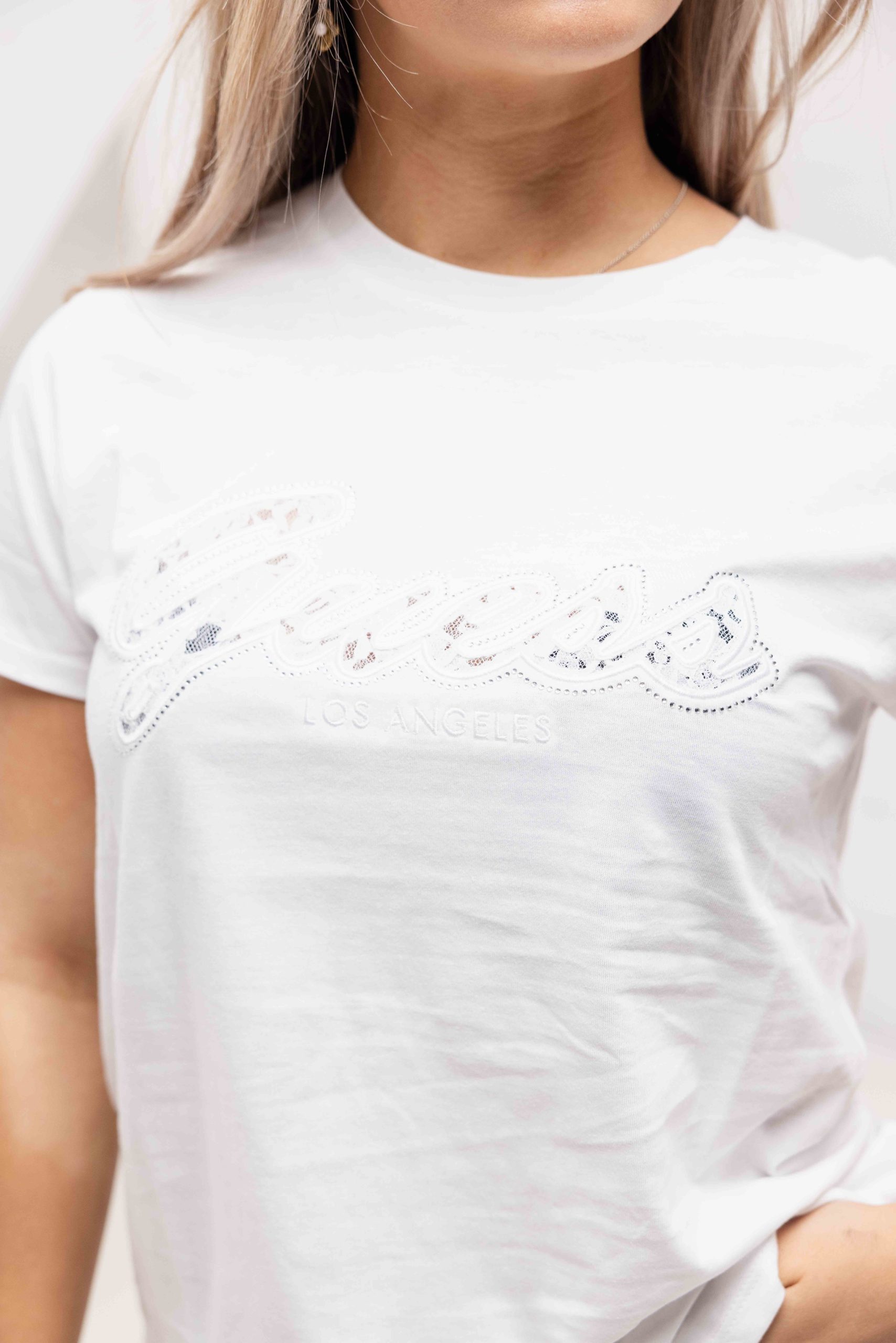 Guess Script Lace Logo T-Shirt Dames Wit