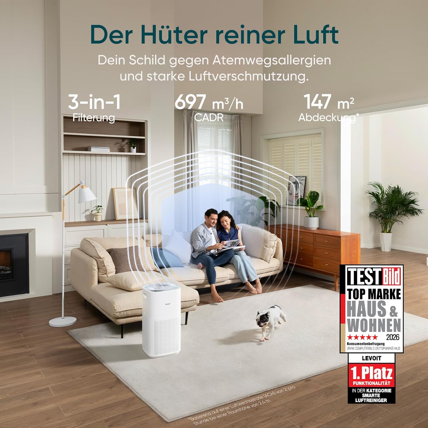 LEVOIT HEPA Luftreiniger für Raucherzimmer Allergiker, CADR 697m³/h bis 147㎡ Wohnung, PM2,5 Luftqualitätsanzeige & Automodus, Luftfilter gegen 99,97% von Schimmel Pollen Staub, App Alexa Steuerung
