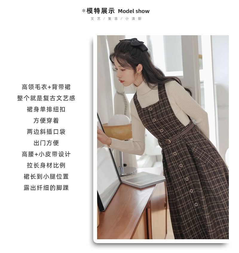 sansweet - Set: Mock Neck Plain Sweater + Plaid Overall Midi A-lijn Jurk