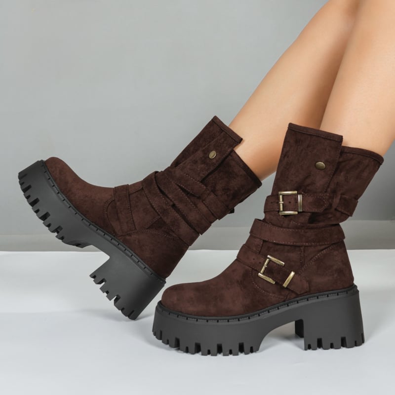 Harper Chunky Buckle Boots - bruin