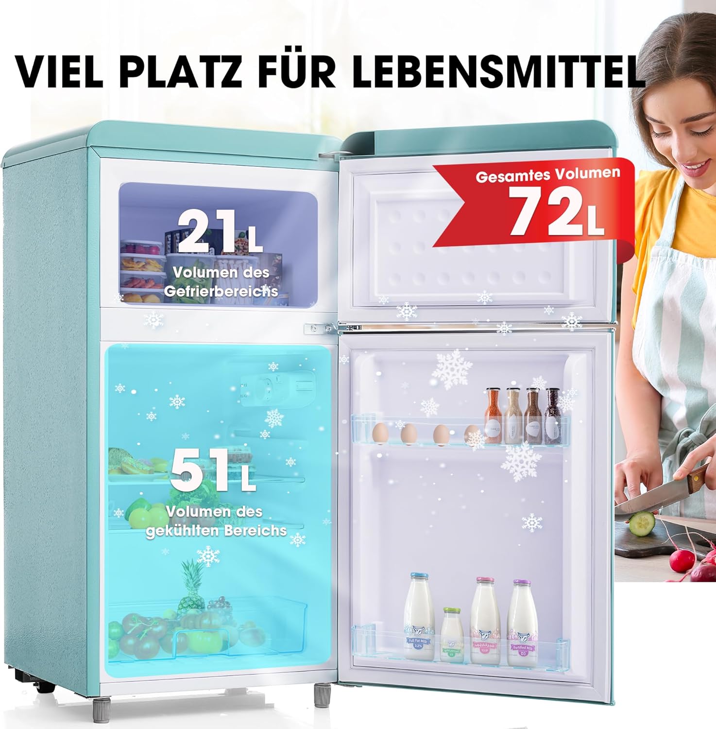 Merax Kühlschrank mit Gefrierfach, Kühl-Gefrierkombination, 72 Liter Doppeltür-Kühlschrank mit 21L Gefrierschrank, 39dB, LED, Glasablagen, Gemüsefach, Türablagen, für Küche, Wohnzimmer, Büro, Cyan
