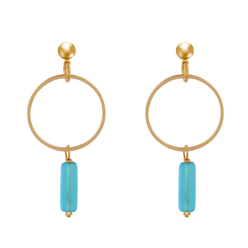 Boucles d'Oreilles Doré Cercle et Perle Rectangulaire