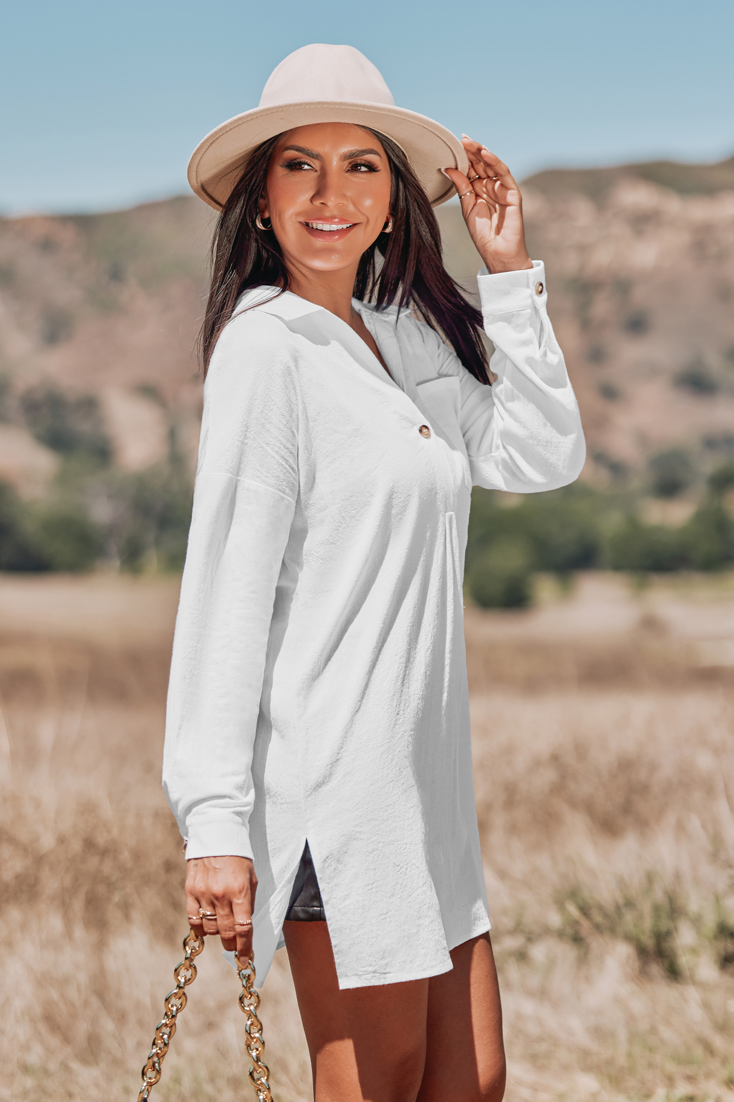 Robe chemise mini en pur coton à manches longues