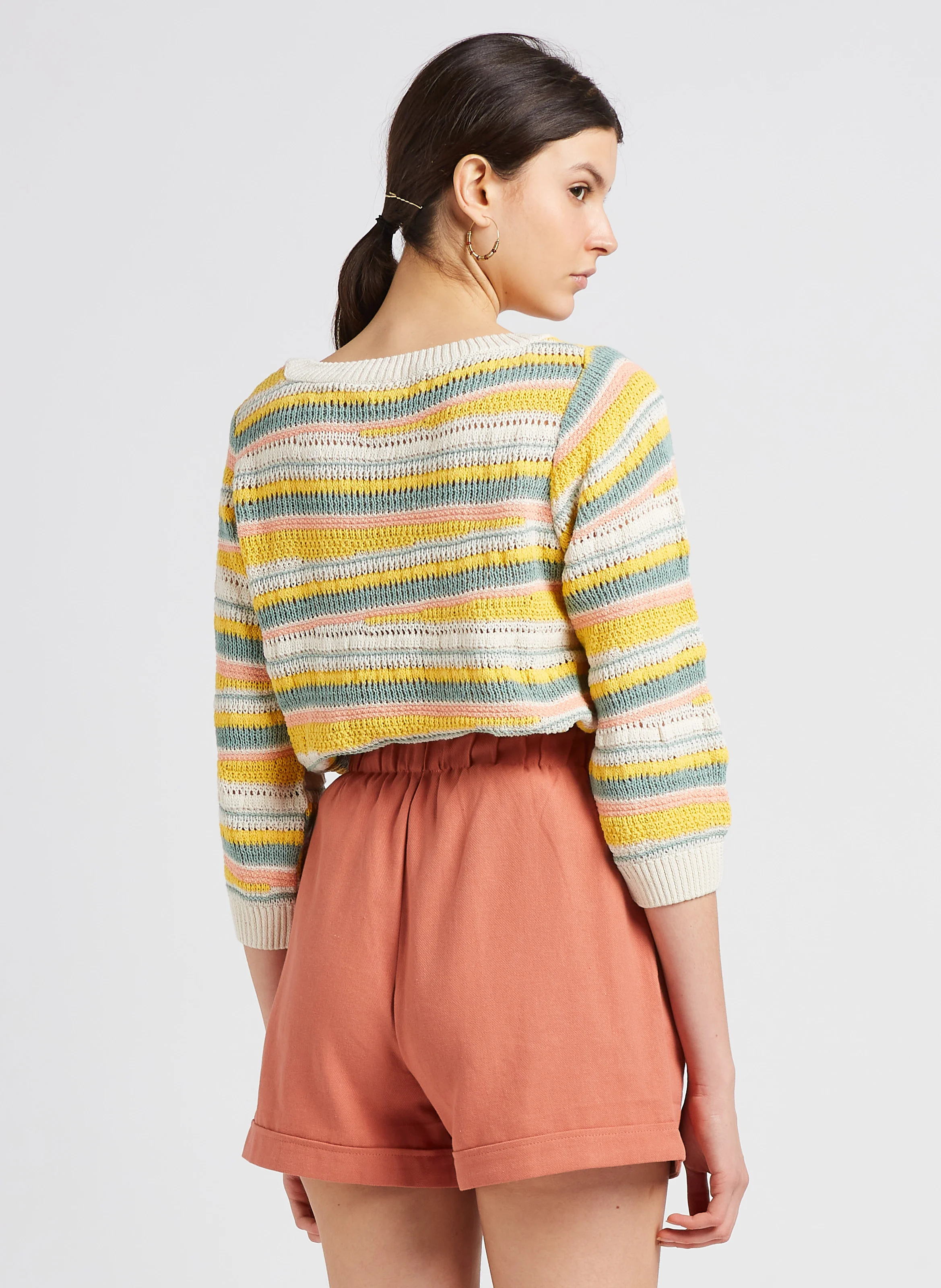VILULIA - Pull col rond rayé en coton mélangé | Beige