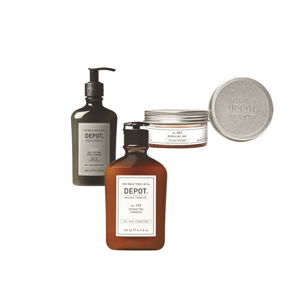 Depot - No. 103 Fugtgivende Shampoo 250 ml + Depot - No.815 All In One Skin Lotion200 ml + Depot - No. 303 Modelling Wax 100 ml