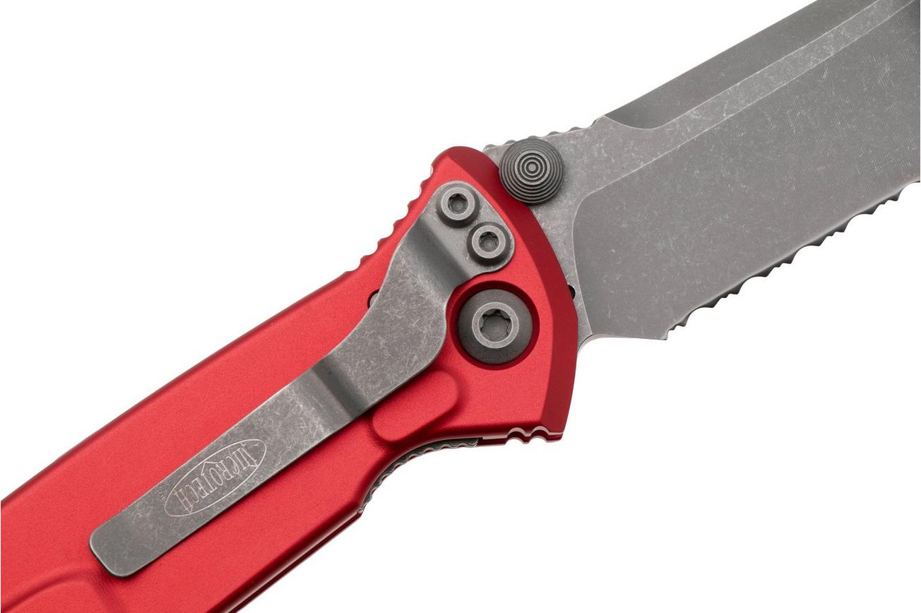 Microtech Socom Elite 160-11APRD, Apocalyptic Stonewashed M390 Clippoint, Red Aluminum, partly serrated zakmes