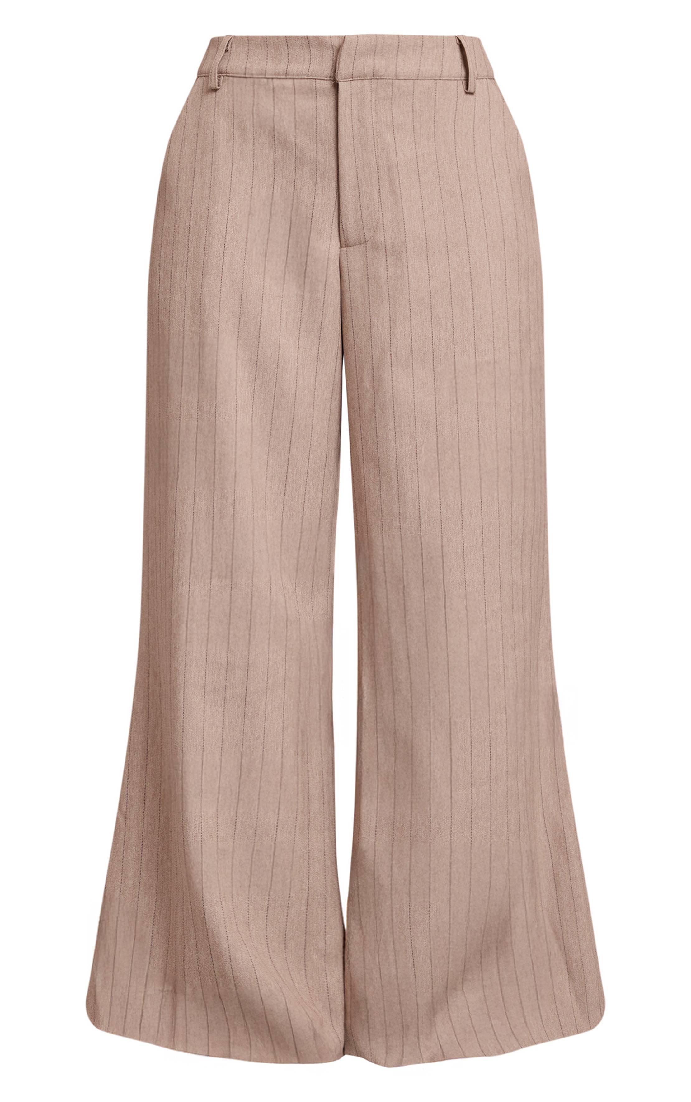 Beige Pantalon Tailleur Petite À Rayures Fines Et Jambes Larges