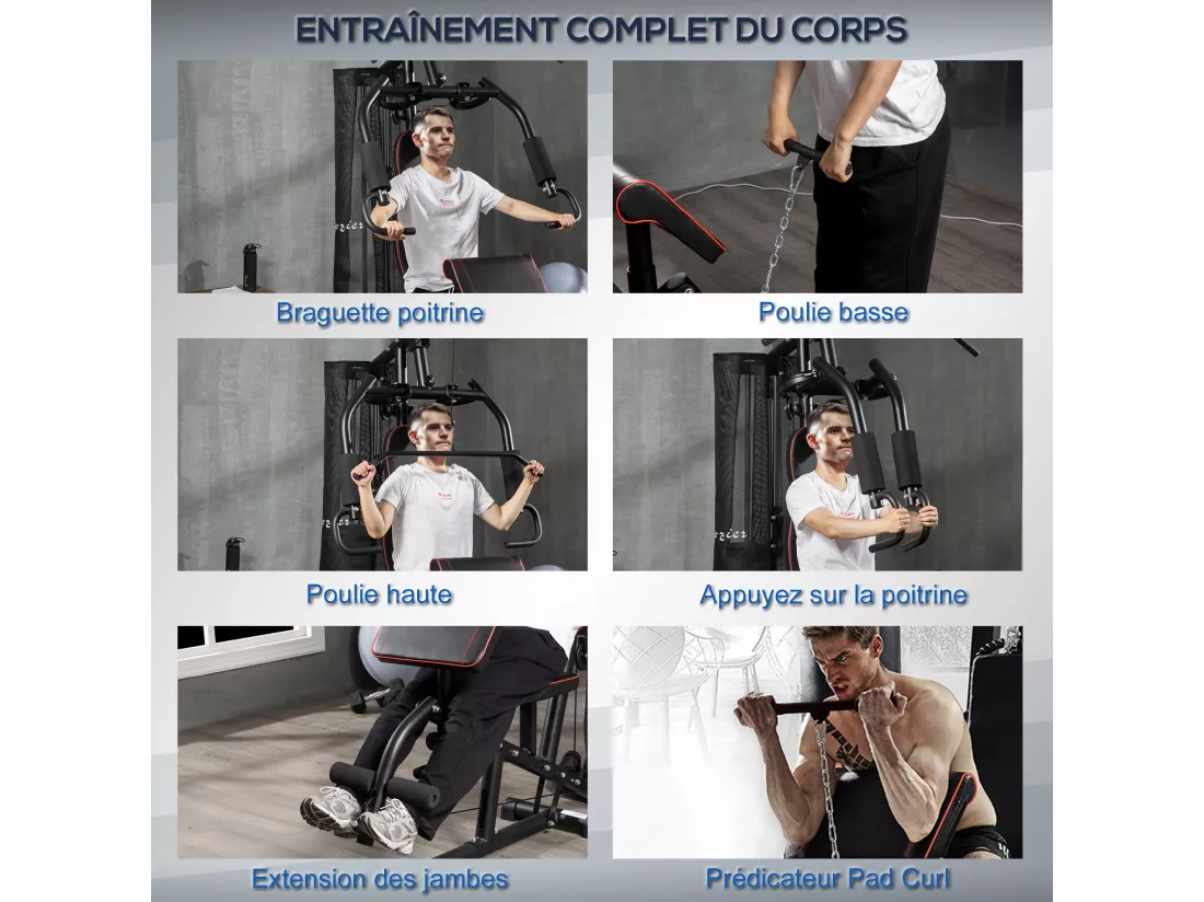 Station de musculation - entrainement complet - développé couché, butterfly, barre latissimus, curler, bande résistance, 10 contrepoids - acier noir rouge