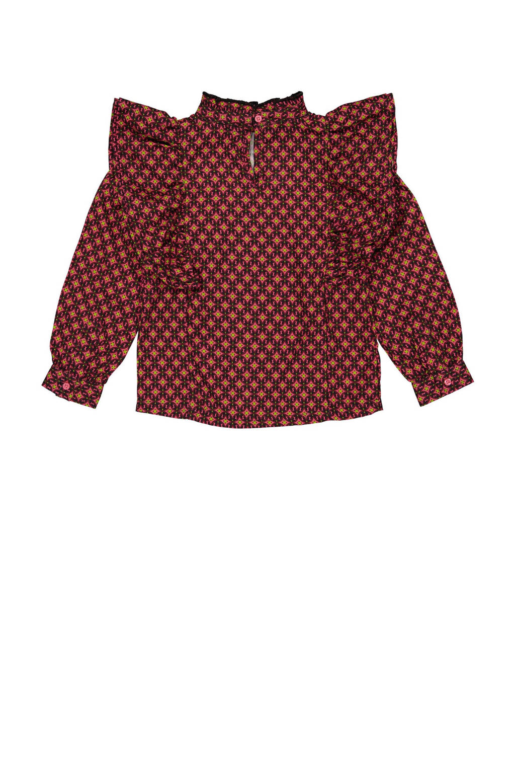 Quapi blouse ALEXIA met all over print en ruches wijnrood/zwart